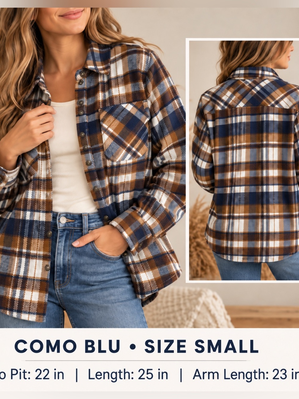 Como‎ Blu Medium Weight Brown/Blue/Cream Plaid Button-Up Flannel Shacket, Small